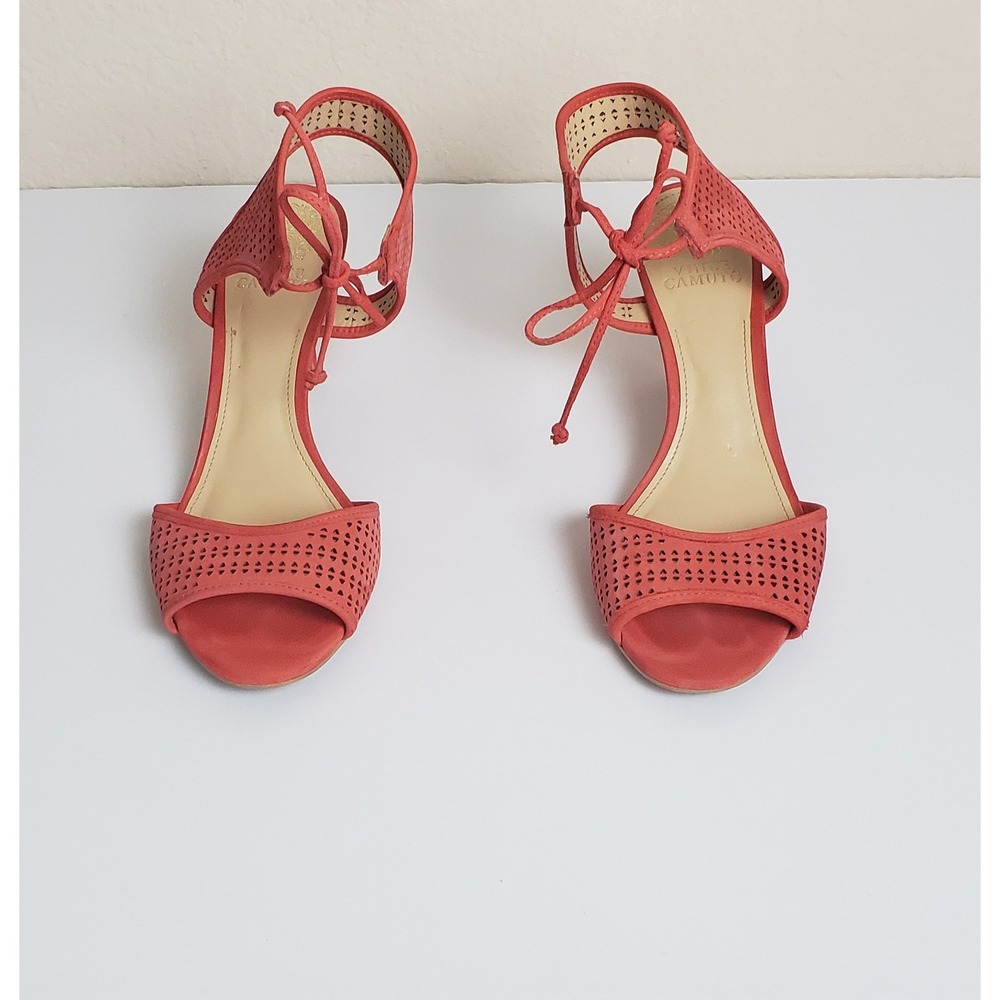 Vince Camuto Coral Orange Suede Laser Cut Ankle Tie Heels Sandals 8.5M Summer